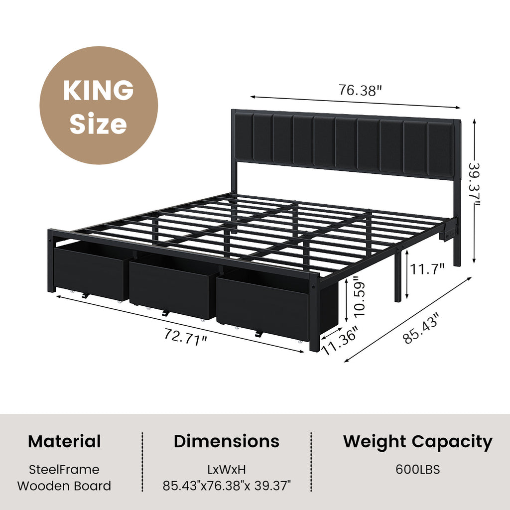 Kbun King Bed Frame with 3 Drawers and Upholstered Headboard, Outlets and LED Lights, Heavy Duty Metal Platform with Storage Space Under Frame, No Box Spring Needed, Noise Free, Gray