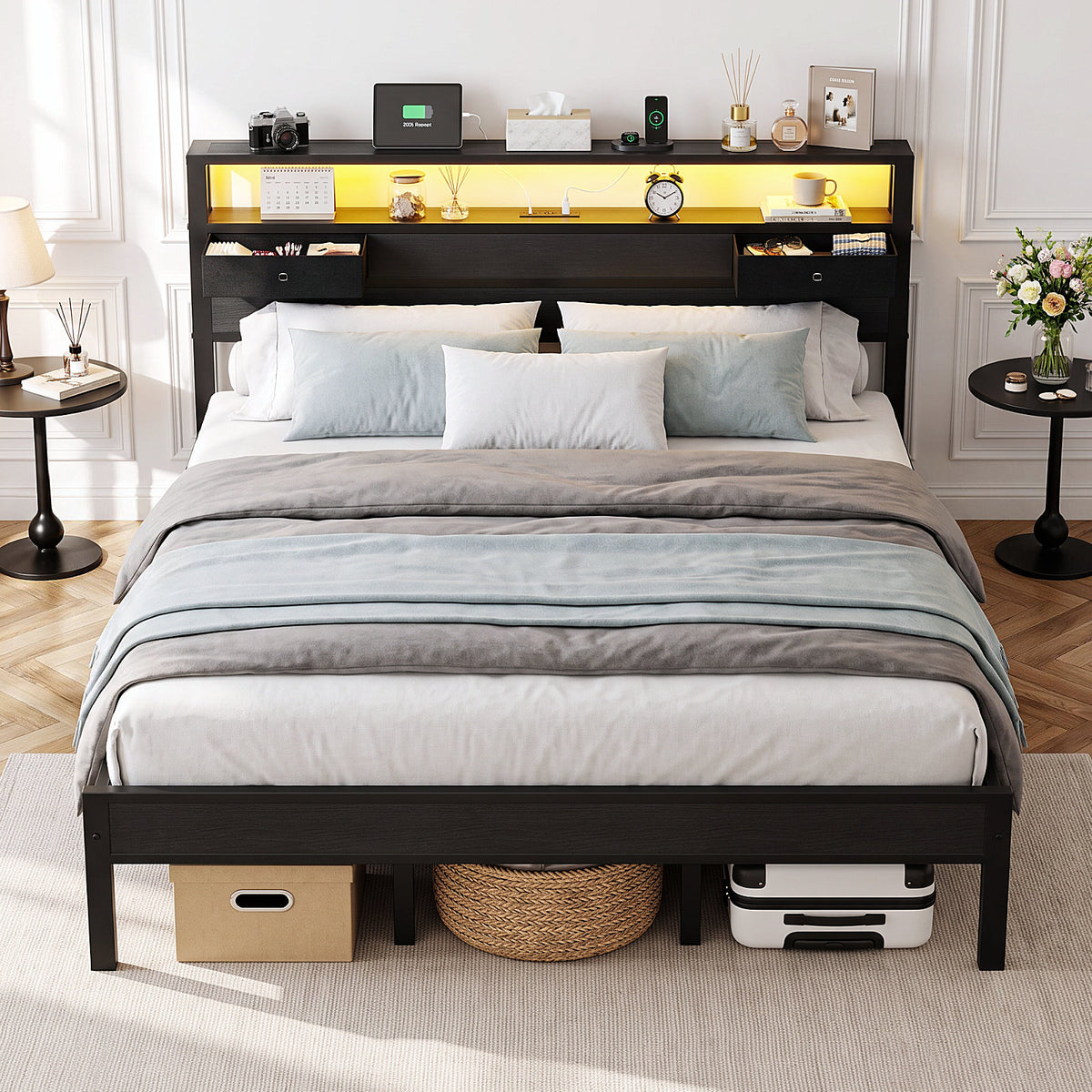Kbun King Size Metal Platforrm Bed Frame with LED Lights Headboard, 2 Storage Drawers and Charging Station, No Box Spring Needed, Easy Assembly