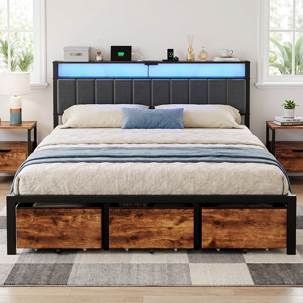 Bexfil King Bed Frame with 3 Storage Drawers, Metal Platform Bed Frame with 2-Tier Storage Headboard, Built in Charging Station &amp; LED, Noise-Free, Metal Support, No Box Spring Needed,Classic Brown