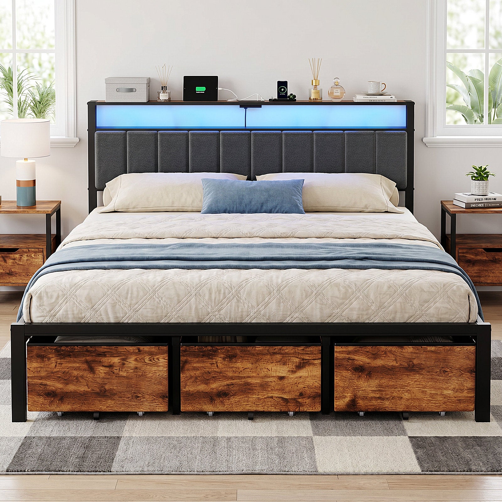Bexfil King Bed Frame with 3 Storage Drawers, Metal Platform Bed Frame with 2-Tier Storage Headboard, Built in Charging Station &amp; LED, Noise-Free, Metal Support, No Box Spring Needed,Classic Brown