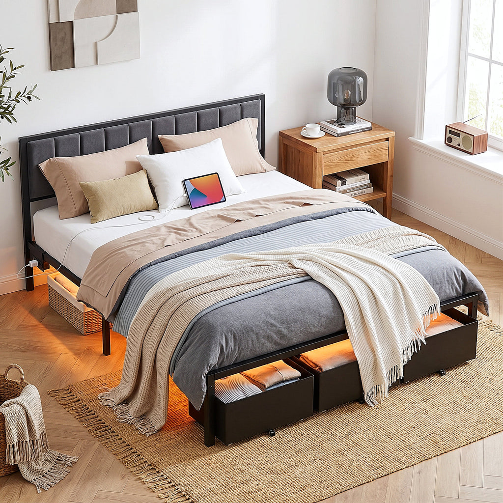 Bexfil King Bed Frame with 3 Storage Drawers, Grey Upholstered Headboard with Charging Station and LED Lights, Metal Platform Bed Frames with Storage Shelf, Noise Free, No Box Spring Needed