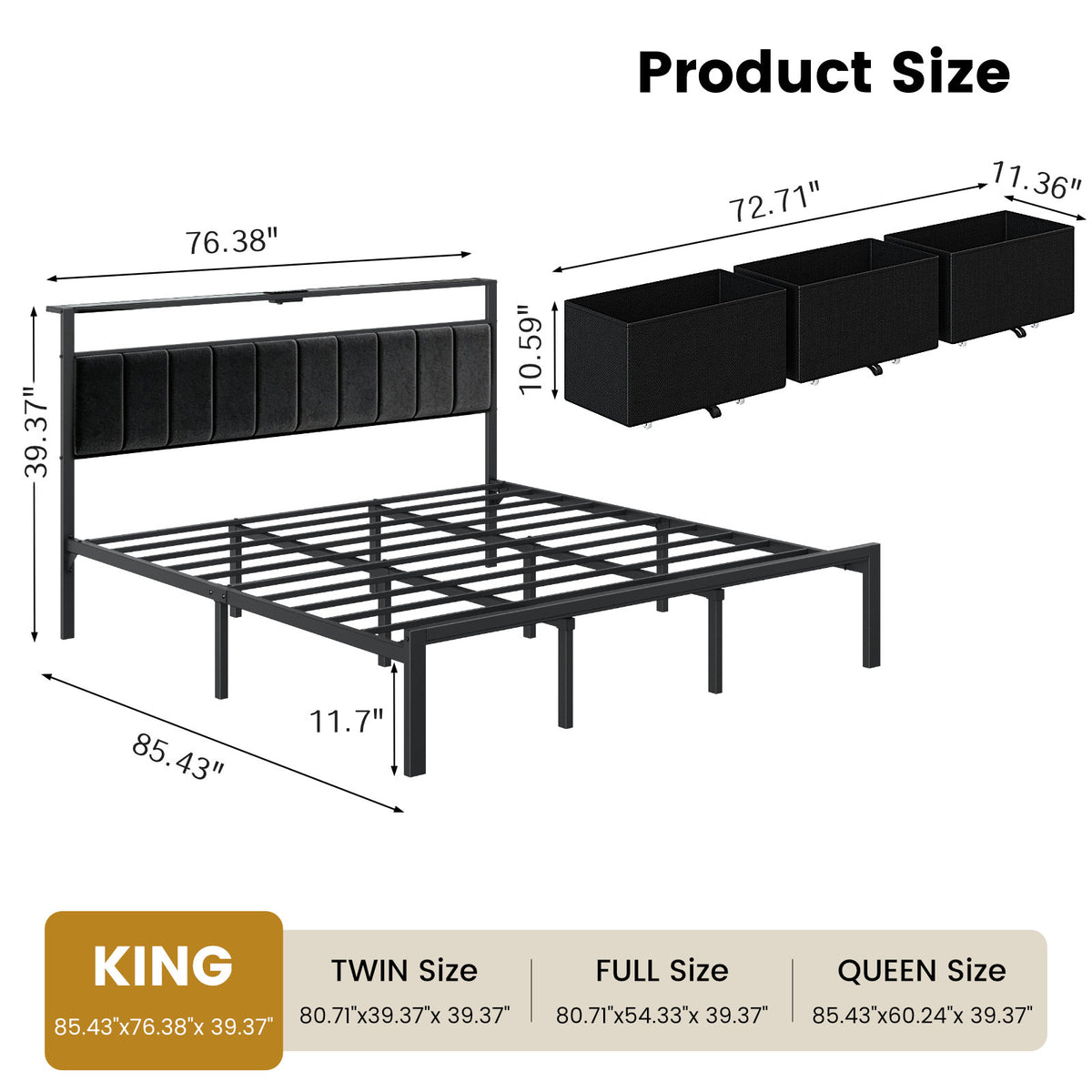 Bexfil King Size Bed Frame with Built in Charging Station and LED Light, Metal Platform Bed Frames with 3 Storage Drawers, Noise-Free,Metal Support, No Box Spring Needed, Black