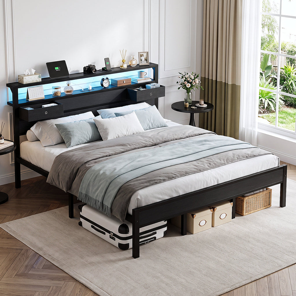 Kbun King Size Metal Platforrm Bed Frame with LED Lights Headboard, 2 Storage Drawers and Charging Station, No Box Spring Needed, Easy Assembly