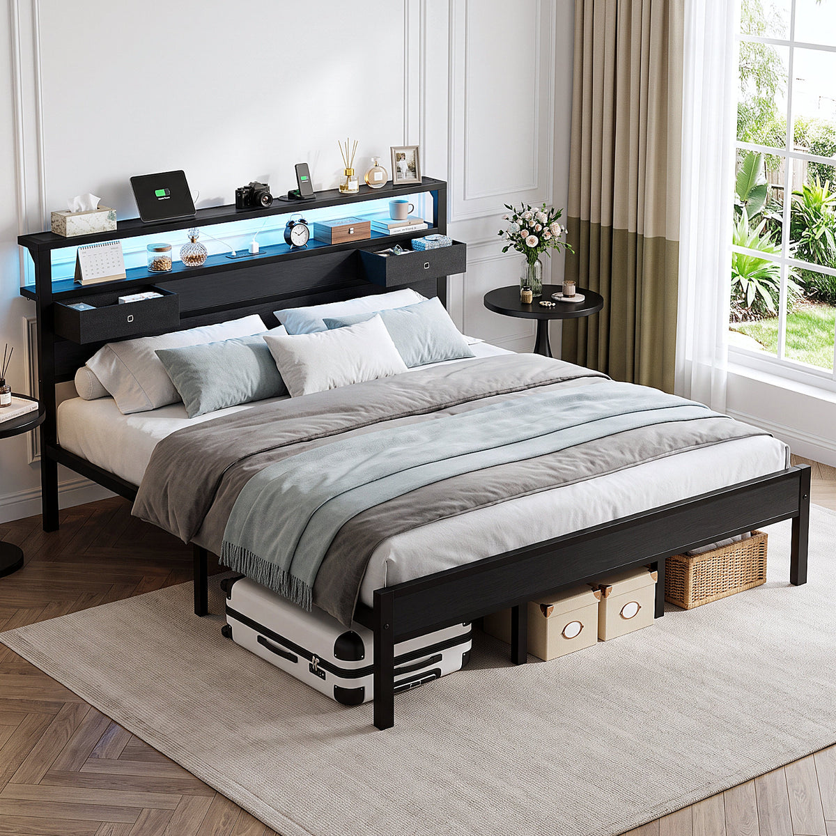 Kbun King Size Metal Platforrm Bed Frame with LED Lights Headboard, 2 Storage Drawers and Charging Station, No Box Spring Needed, Easy Assembly
