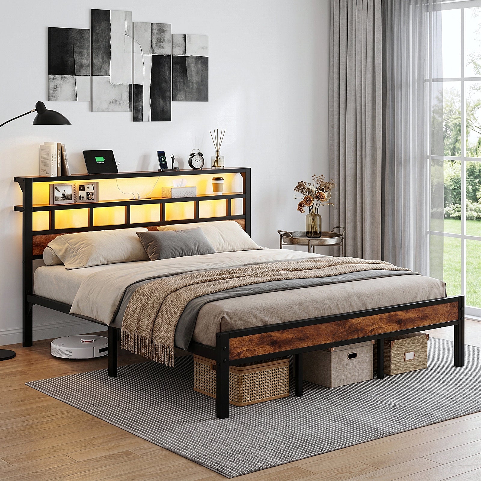 Bexfil King Bed Frame with Storage Headboard and LED Light, Metal Platform Bed Station with Charging Station & LED, Noise-Free, No Box Spring Needed