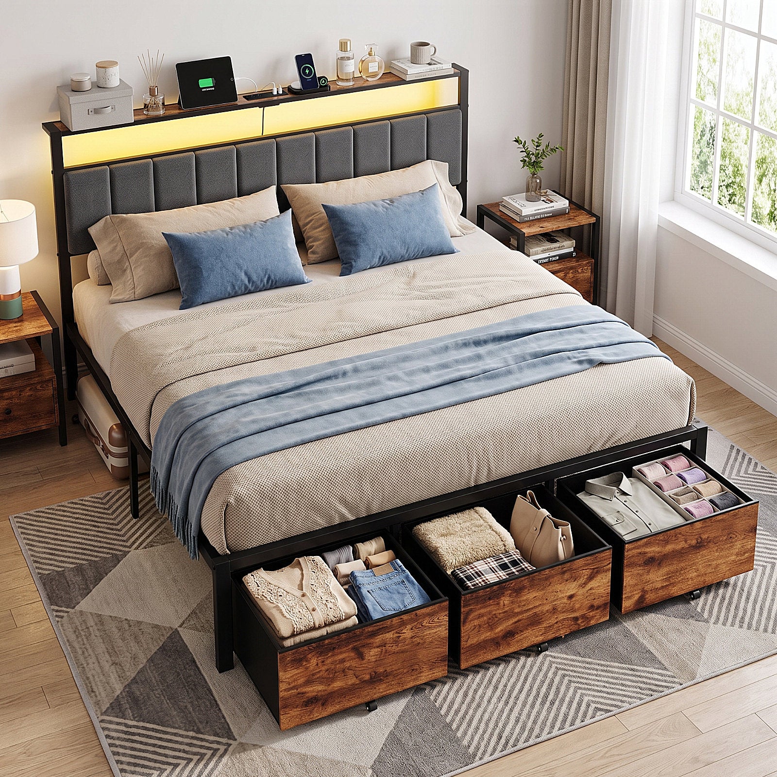 Bexfil King Bed Frame with 3 Storage Drawers, Metal Platform Bed Frame with 2-Tier Storage Headboard, Built in Charging Station &amp; LED, Noise-Free, Metal Support, No Box Spring Needed,Classic Brown