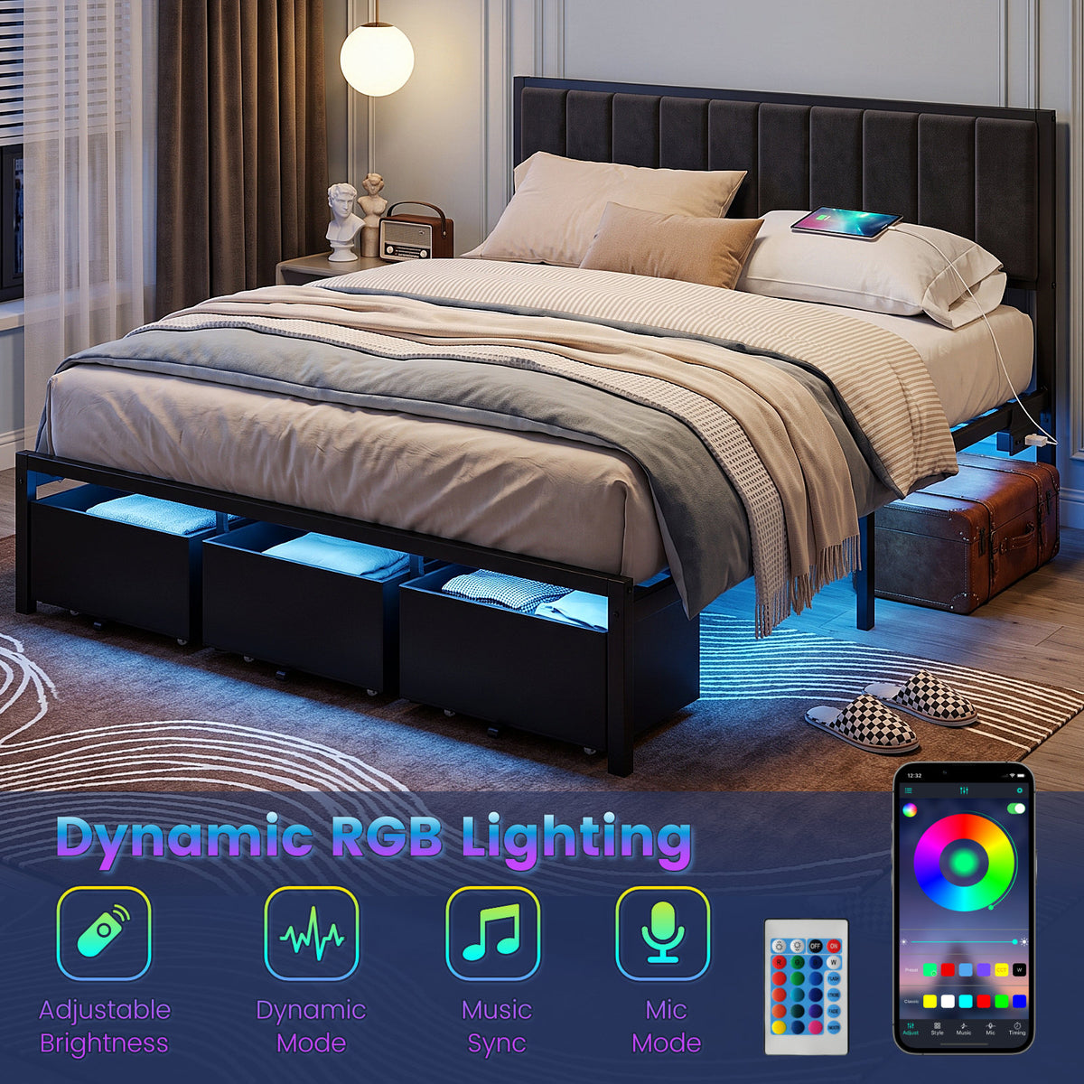 Bexfil King Bed Frame with 3 Storage Drawers, Grey Upholstered Headboard with Charging Station and LED Lights, Metal Platform Bed Frames with Storage Shelf, Noise Free, No Box Spring Needed
