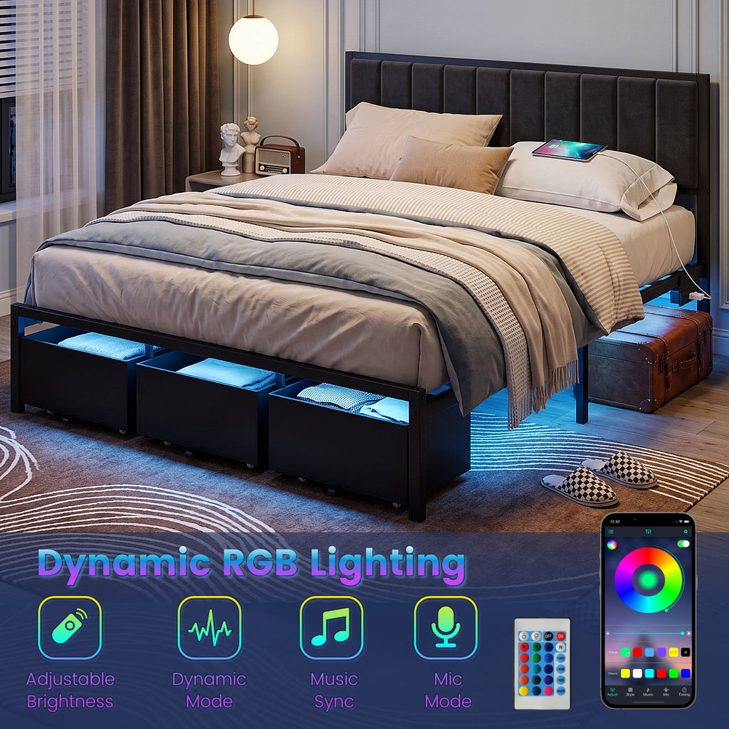 Kbun King Bed Frame with 3 Drawers and Upholstered Headboard, Outlets and LED Lights, Heavy Duty Metal Platform with Storage Space Under Frame, No Box Spring Needed, Noise Free, Gray