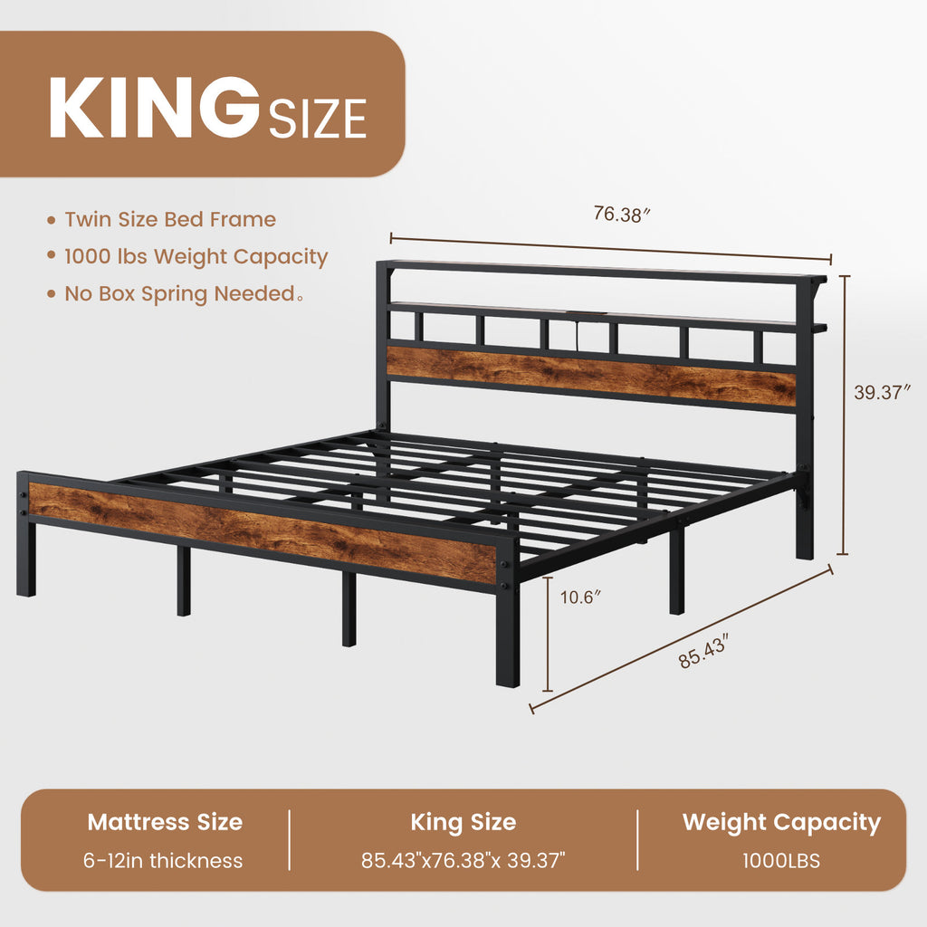 Bexfil King Bed Frame with Storage Headboard and LED Light, Metal Platform Bed Station with Charging Station & LED, Noise-Free, No Box Spring Needed