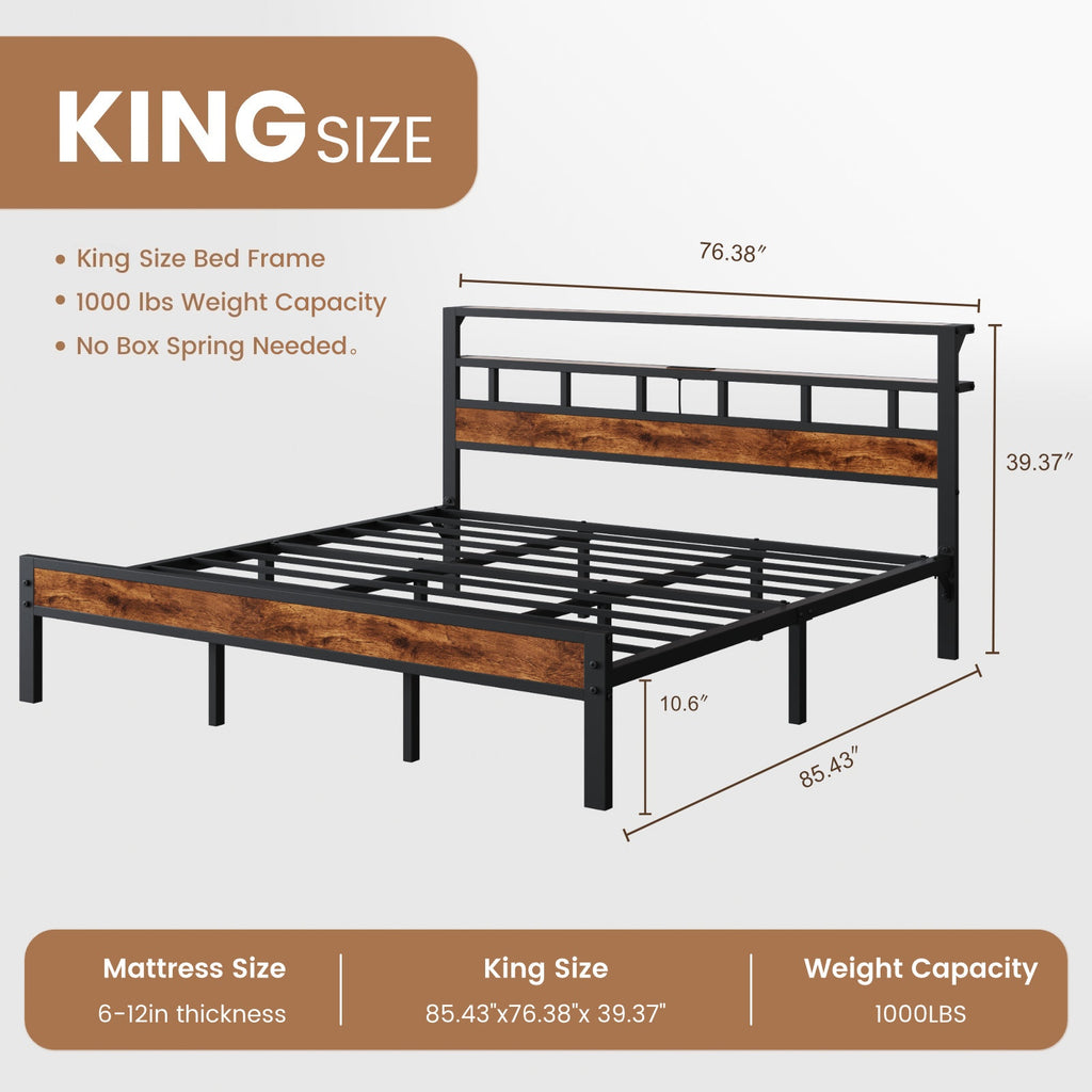 Bexfil King Bed Frame with Storage Headboard and LED Light, Metal Platform Bed Station with Charging Station & LED, Noise-Free, No Box Spring Needed