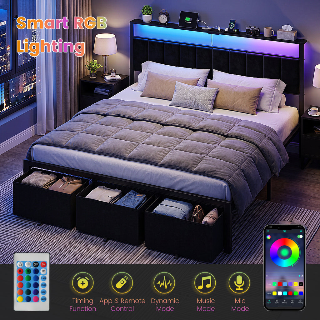 Bexfil King Size Bed Frame with Built in Charging Station and LED Light, Metal Platform Bed Frames with 3 Storage Drawers, Noise-Free,Metal Support, No Box Spring Needed, Black