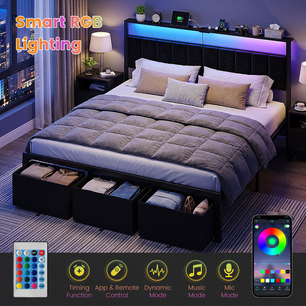 Bexfil King Size Bed Frame with Built in Charging Station and LED Light, Metal Platform Bed Frames with 3 Storage Drawers, Noise-Free,Metal Support, No Box Spring Needed, Black