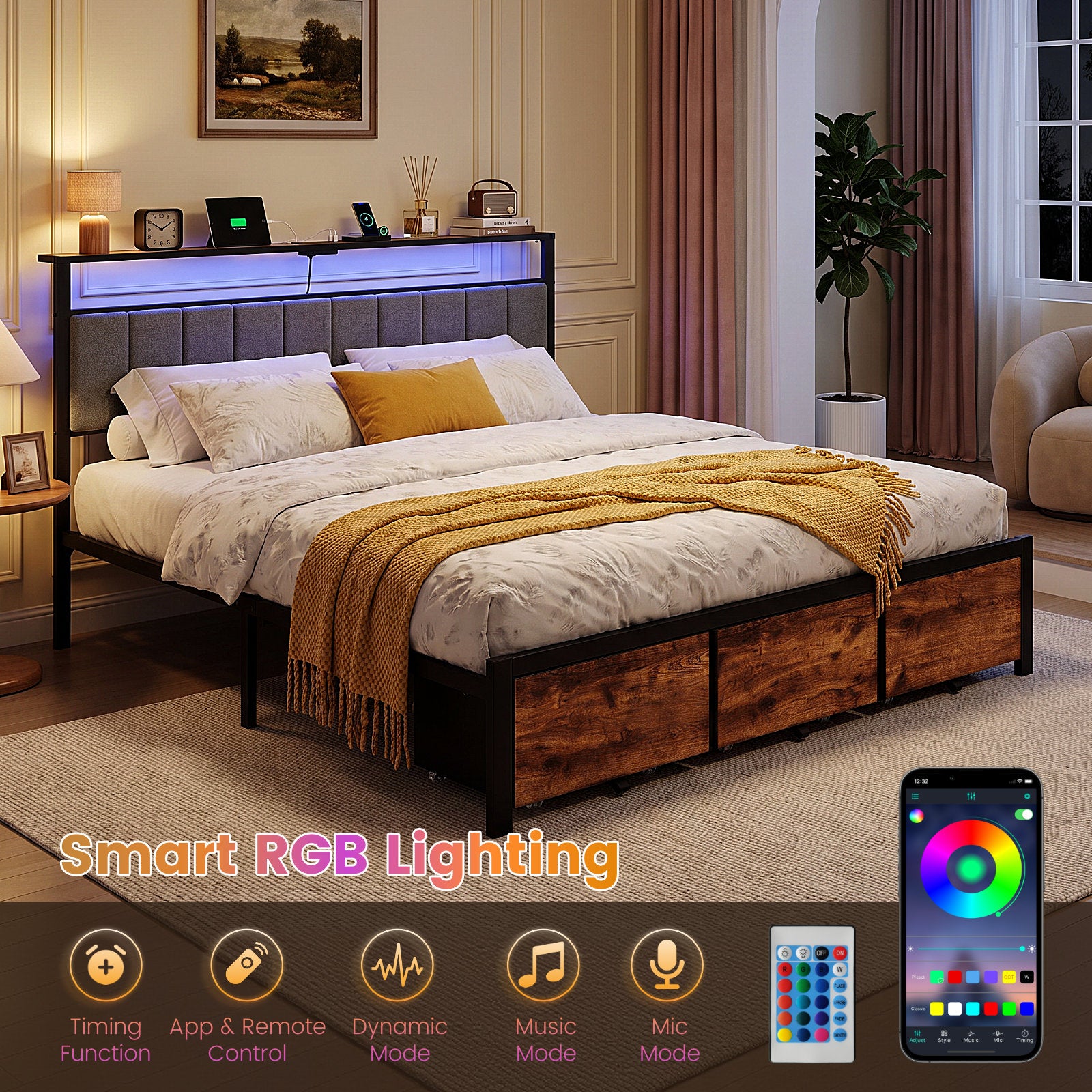 Dayago King Bed Frame with 3 Storage Drawers,Metal Platform Bed Frame King Size Upholstered Headboard with Storage, Fast Charging Station and LED Lights, No Box Spring Needed, Easy Assembly, Brown