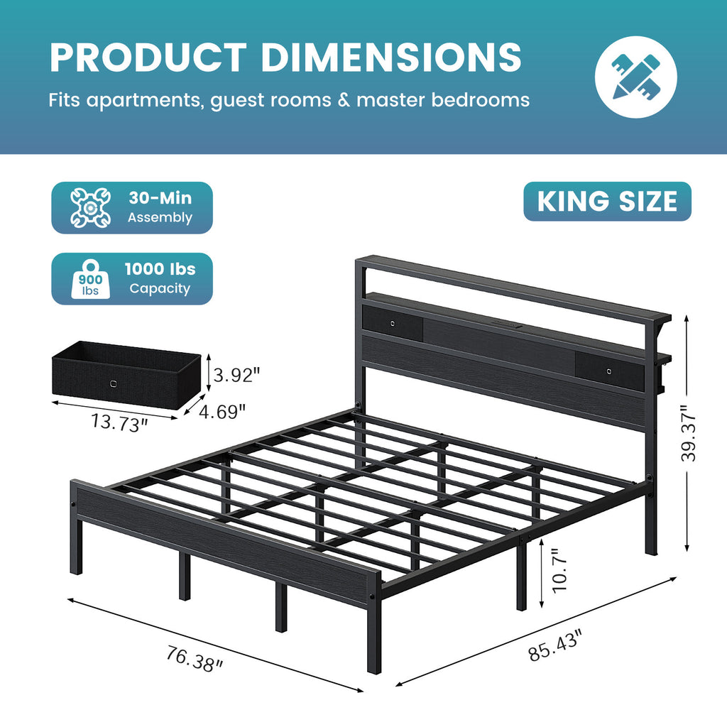 Kbun King Size Metal Platforrm Bed Frame with LED Lights Headboard, 2 Storage Drawers and Charging Station, No Box Spring Needed, Easy Assembly