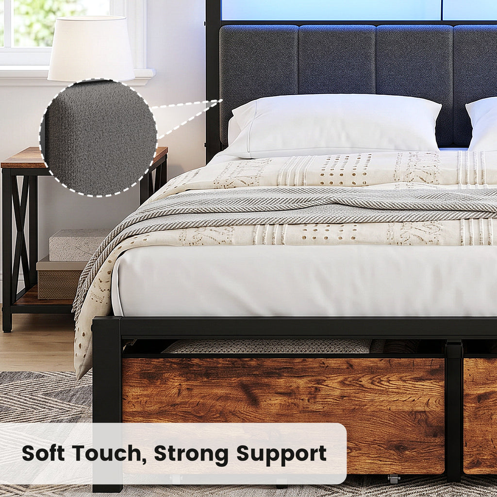 Bexfil King Bed Frame with 3 Storage Drawers, Metal Platform Bed Frame with 2-Tier Storage Headboard, Built in Charging Station &amp; LED, Noise-Free, Metal Support, No Box Spring Needed,Classic Brown