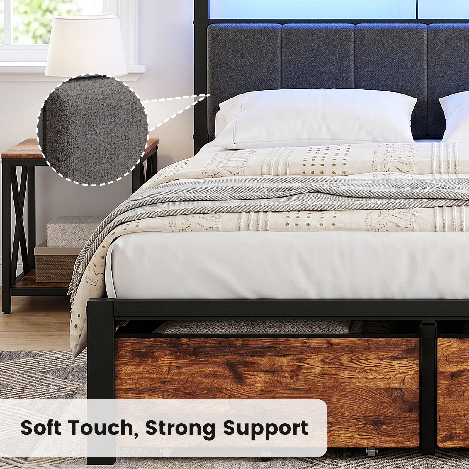 Bexfil King Bed Frame with 3 Storage Drawers, Metal Platform Bed Frame with 2-Tier Storage Headboard, Built in Charging Station &amp; LED, Noise-Free, Metal Support, No Box Spring Needed,Classic Brown