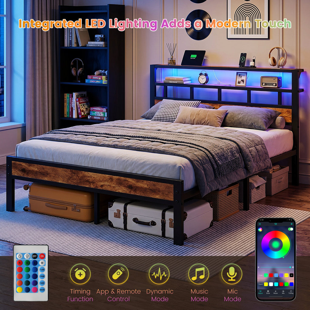 Bexfil King Bed Frame with Storage Headboard and LED Light, Metal Platform Bed Station with Charging Station & LED, Noise-Free, No Box Spring Needed