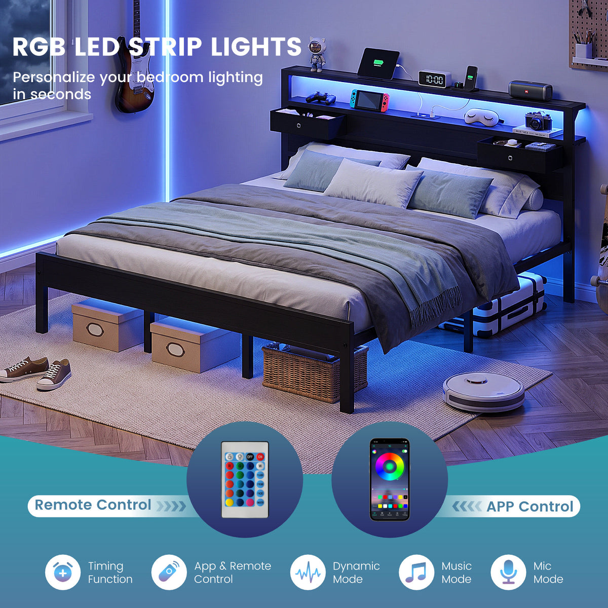Kbun King Size Metal Platforrm Bed Frame with LED Lights Headboard, 2 Storage Drawers and Charging Station, No Box Spring Needed, Easy Assembly