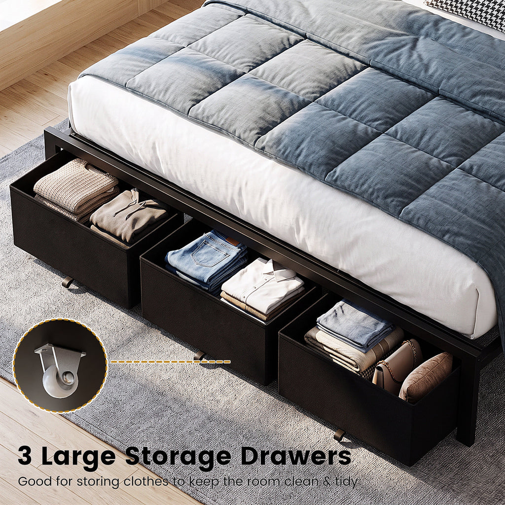 Bexfil King Size Bed Frame with Built in Charging Station and LED Light, Metal Platform Bed Frames with 3 Storage Drawers, Noise-Free,Metal Support, No Box Spring Needed, Black