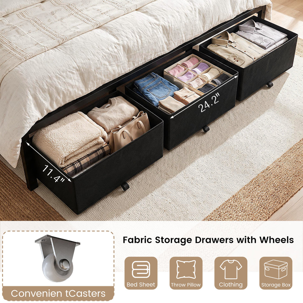 Bexfil King Bed Frame with 3 Storage Drawers, Grey Upholstered Headboard with Charging Station and LED Lights, Metal Platform Bed Frames with Storage Shelf, Noise Free, No Box Spring Needed