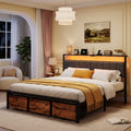 Kbun King Size Bed Frame with 3 Storage Drawers and Charging Station,Metal Platform Bed with Upholstered Tufted Storage Headboard, Noise-Free, No Box Spring Needed, Easy Assembly, Rustic