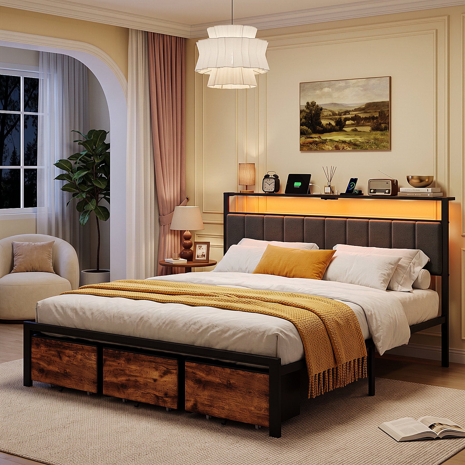 Dayago King Bed Frame with 3 Storage Drawers,Metal Platform Bed Frame King Size Upholstered Headboard with Storage, Fast Charging Station and LED Lights, No Box Spring Needed, Easy Assembly, Brown