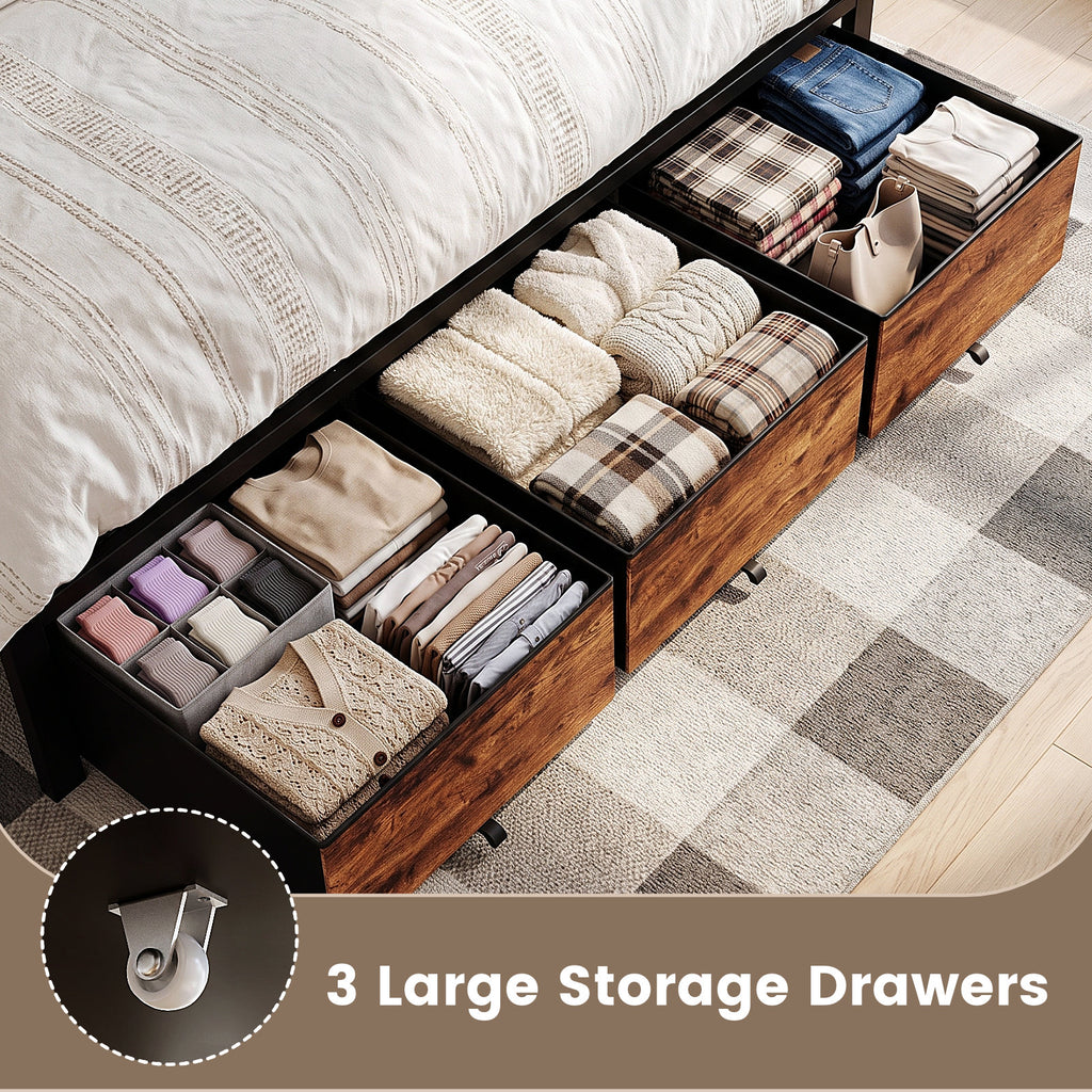 Kbun King Size Bed Frame with Charging Station, LED Lights, Metal Platform Bed Frames Upholstered with 3 Large Storage Drawers,No Box Spring Needed