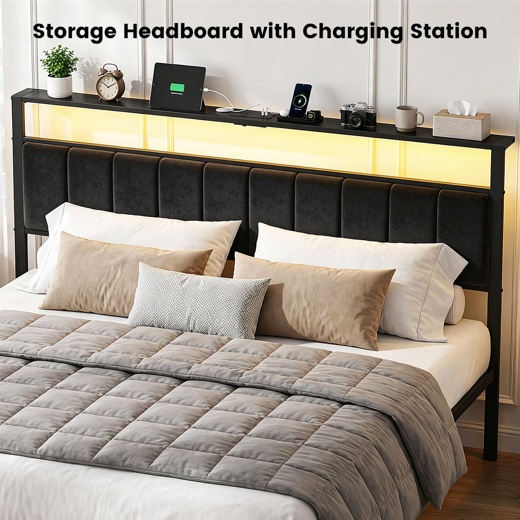Bexfil King Size Bed Frame with Built in Charging Station and LED Light, Metal Platform Bed Frames with 3 Storage Drawers, Noise-Free,Metal Support, No Box Spring Needed, Black
