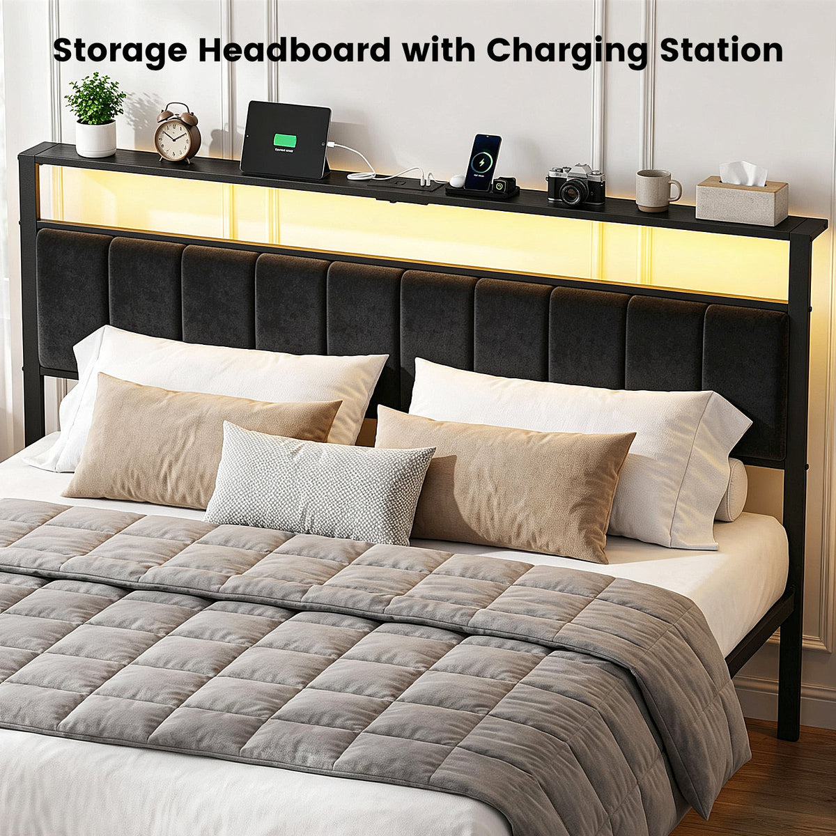 Bexfil King Size Bed Frame with Built in Charging Station and LED Light, Metal Platform Bed Frames with 3 Storage Drawers, Noise-Free,Metal Support, No Box Spring Needed, Black