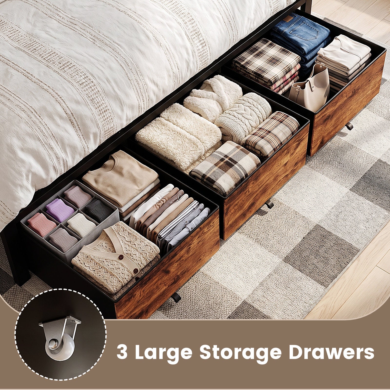 Dayago King Bed Frame with 3 Storage Drawers,Metal Platform Bed Frame King Size Upholstered Headboard with Storage, Fast Charging Station and LED Lights, No Box Spring Needed, Easy Assembly, Brown