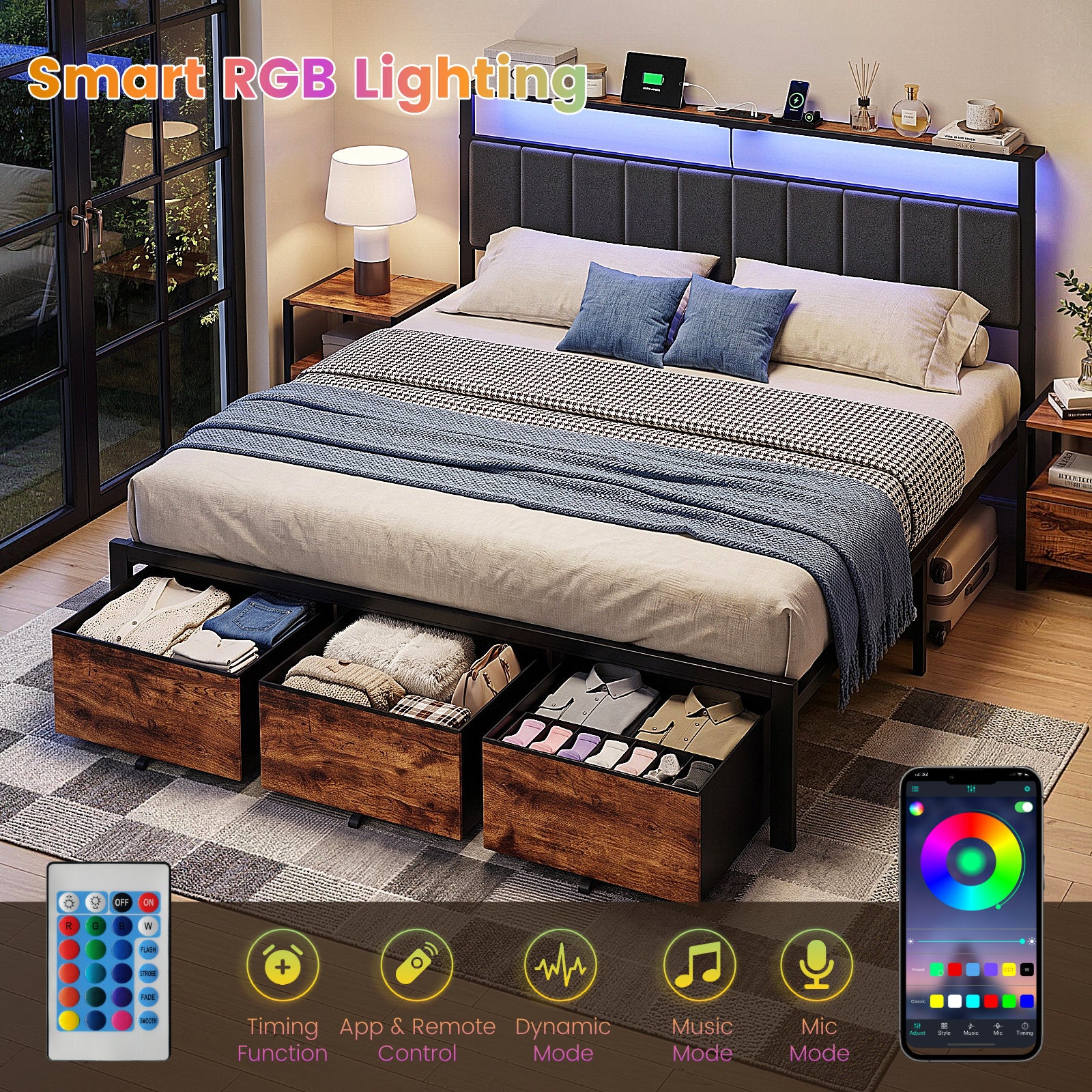Bexfil King Bed Frame with 3 Storage Drawers, Metal Platform Bed Frame with 2-Tier Storage Headboard, Built in Charging Station &amp; LED, Noise-Free, Metal Support, No Box Spring Needed,Classic Brown