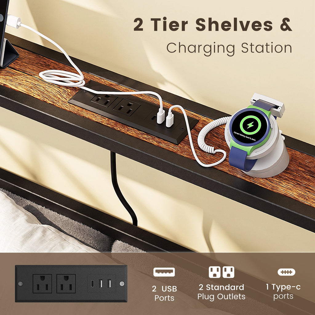 Dayago King Bed Frame with 3 Storage Drawers,Metal Platform Bed Frame King Size Upholstered Headboard with Storage, Fast Charging Station and LED Lights, No Box Spring Needed, Easy Assembly, Brown