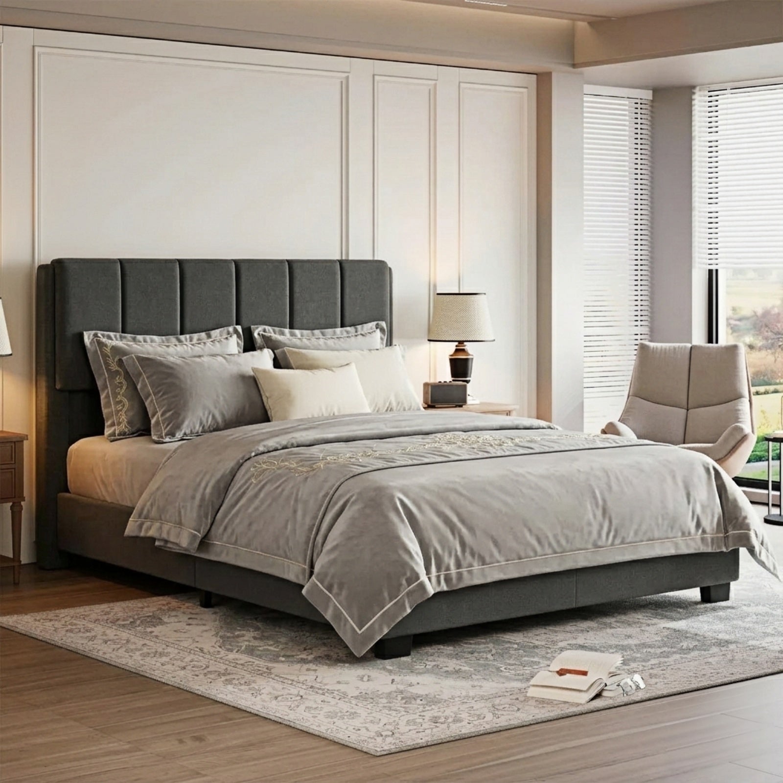 Kbun King Size Platform Bed Frame with Fabric Upholstered Headboard, No Box Spring Needed,Wooden Slats Support, Easy Assembly,Grey