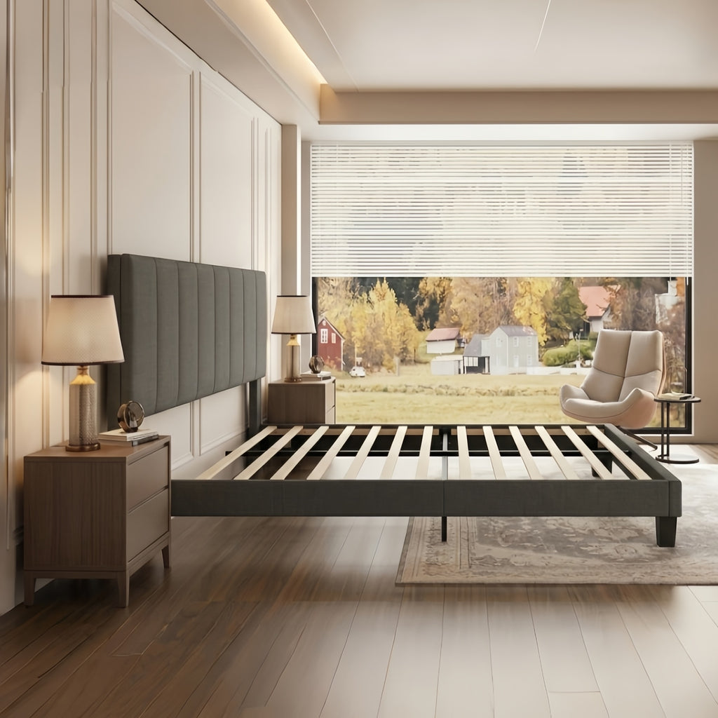 Kbun King Size Platform Bed Frame with Fabric Upholstered Headboard, No Box Spring Needed,Wooden Slats Support, Easy Assembly,Grey