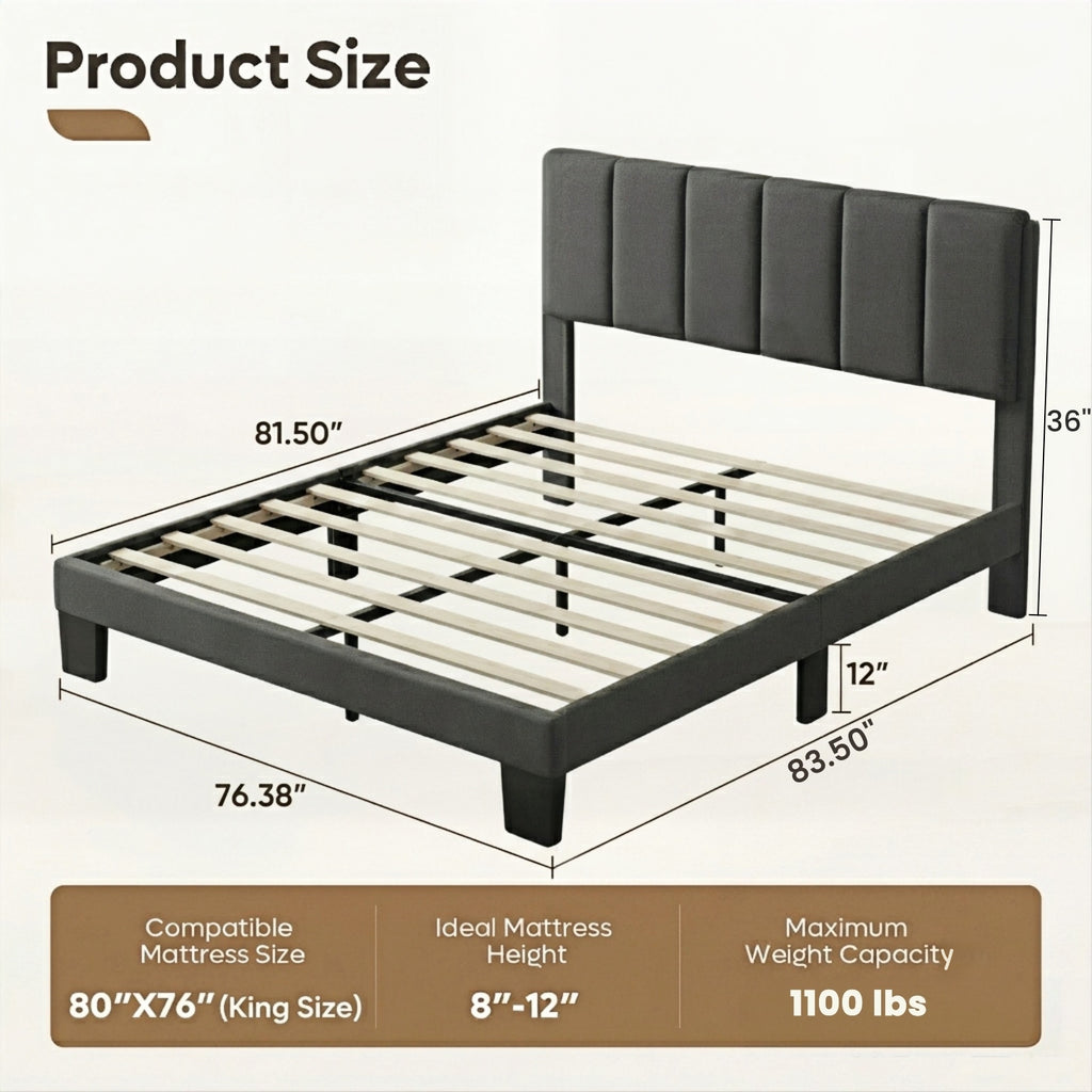 Kbun King Size Platform Bed Frame with Fabric Upholstered Headboard, No Box Spring Needed,Wooden Slats Support, Easy Assembly,Grey