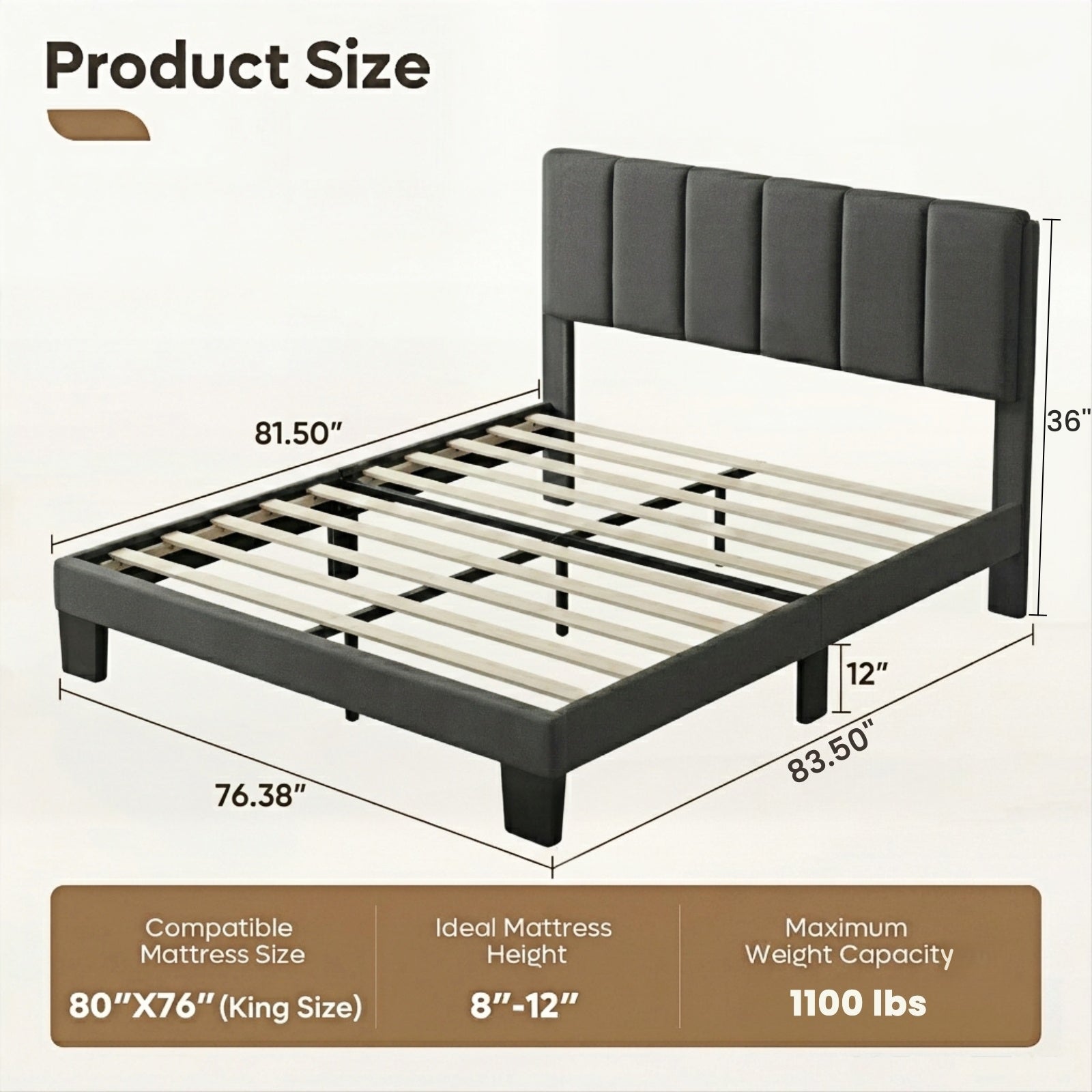 Kbun King Size Platform Bed Frame with Fabric Upholstered Headboard, No Box Spring Needed,Wooden Slats Support, Easy Assembly,Grey