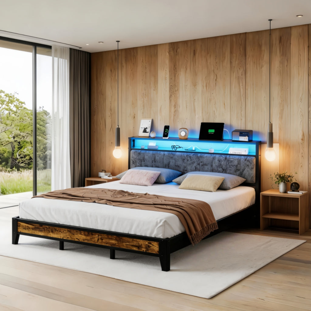 Kbun King Bed Frames,Industrial Metal Platform Bed Frame,Heavy Duty Steel Slats Support Up to 1200 lbs,Upholstered Headboardand 9 Thickened Legs,No Box Spring Needed, Noise-Free,Brown