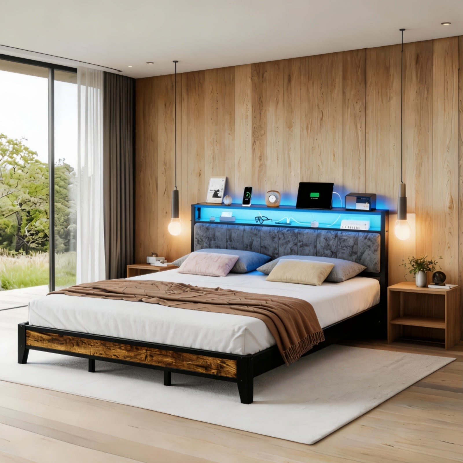 Kbun King Bed Frames,Industrial Metal Platform Bed Frame,Heavy Duty Steel Slats Support Up to 1200 lbs,Upholstered Headboardand 9 Thickened Legs,No Box Spring Needed, Noise-Free,Brown