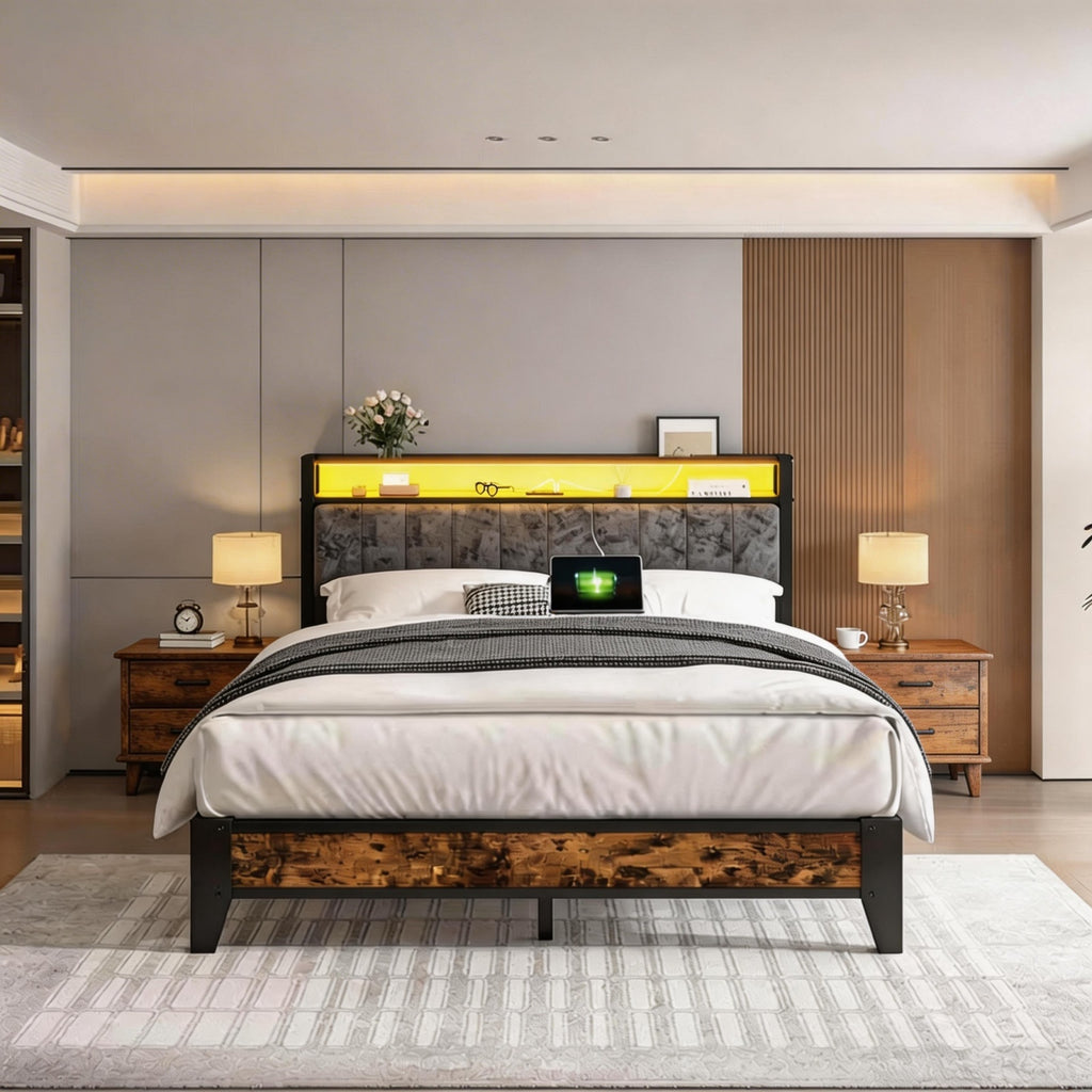 Kbun King Bed Frames,Industrial Metal Platform Bed Frame,Heavy Duty Steel Slats Support Up to 1200 lbs,Upholstered Headboardand 9 Thickened Legs,No Box Spring Needed, Noise-Free,Brown