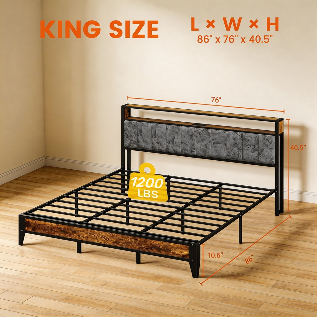 Kbun King Bed Frames,Industrial Metal Platform Bed Frame,Heavy Duty Steel Slats Support Up to 1200 lbs,Upholstered Headboardand 9 Thickened Legs,No Box Spring Needed, Noise-Free,Brown