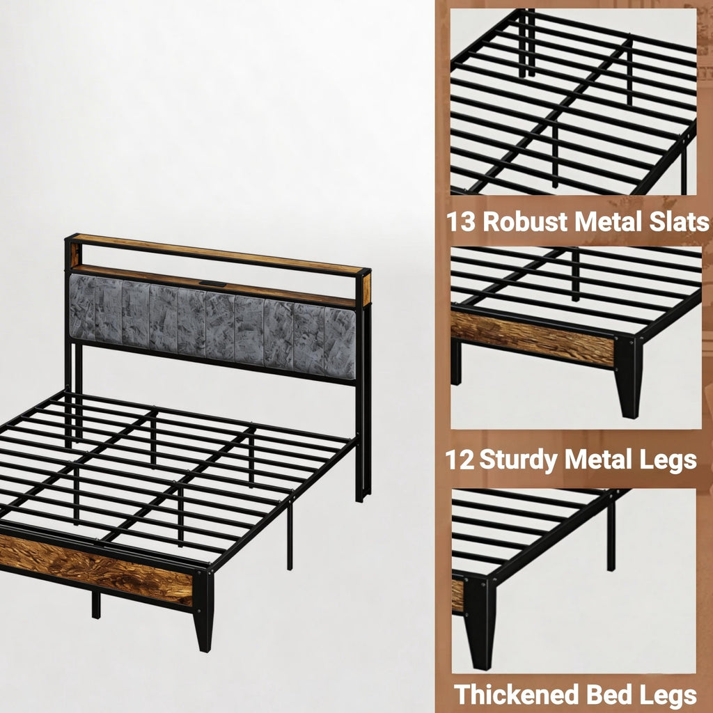 Kbun King Bed Frames,Industrial Metal Platform Bed Frame,Heavy Duty Steel Slats Support Up to 1200 lbs,Upholstered Headboardand 9 Thickened Legs,No Box Spring Needed, Noise-Free,Brown