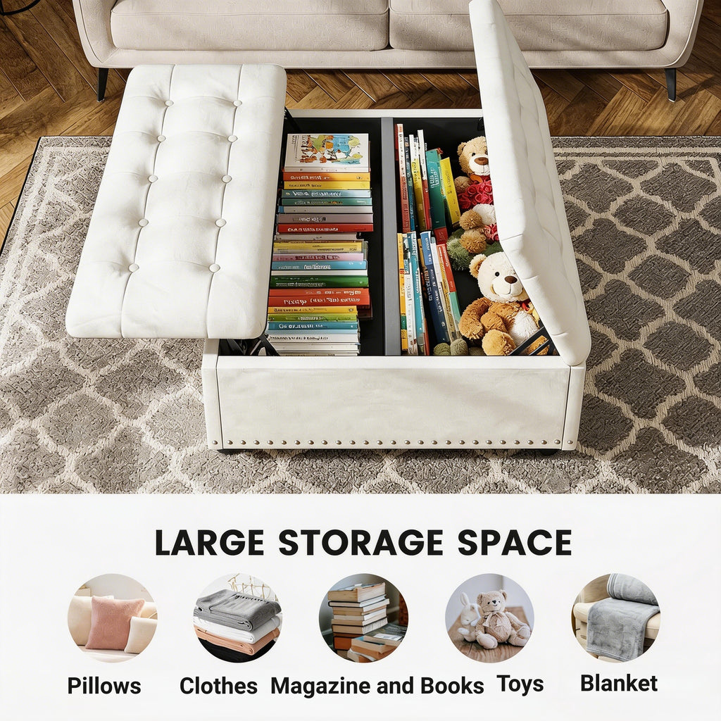 Kbun 33.5 inch Large Square Storage Ottoman, Tufted Upholstered Coffee Table with Lift Top & Solid Wood Legs, Oversized Storage Bench Ottomans Toy Box for Bedroom, Living Room, Entryway, White