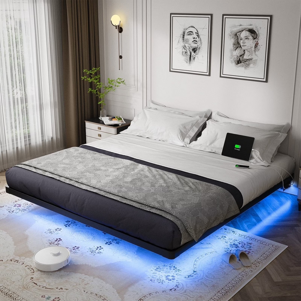 Dayago Floating Bed Frame King Size with LED Lights and Charging Station,Modern Metal Platform,No Box Spring Required