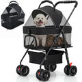 Ferhtm Dog Stroller for Small to Medium Dogs, Foldable Panoramic Mesh Pet Stroller with Detachable Carrier & Safety Tether, Puppy & Cat Stroller up to 35 lbs, Black