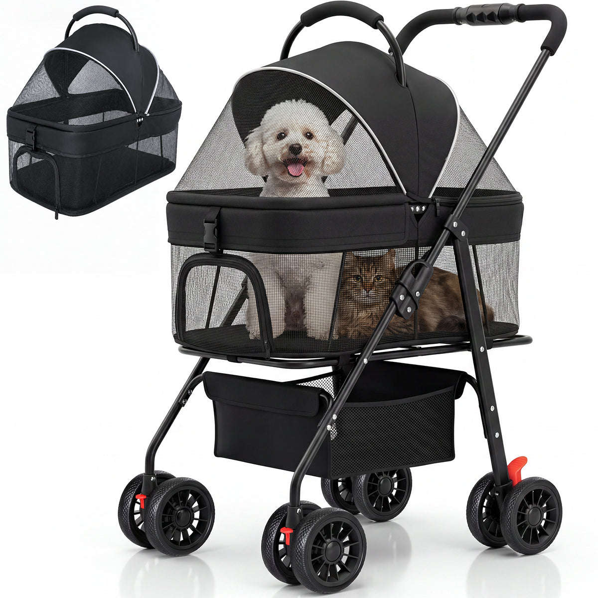 Ferhtm Dog Stroller for Small to Medium Dogs, Foldable Panoramic Mesh Pet Stroller with Detachable Carrier & Safety Tether, Puppy & Cat Stroller up to 35 lbs, Black