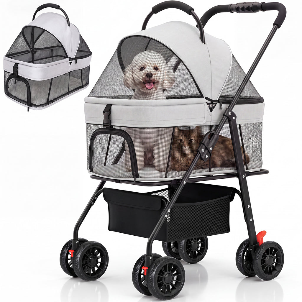 Ferhtm Dog Stroller for Small to Medium Dogs, Foldable Panoramic Mesh Pet Stroller with Detachable Carrier & Safety Tether, Puppy & Cat Stroller up to 35 lbs