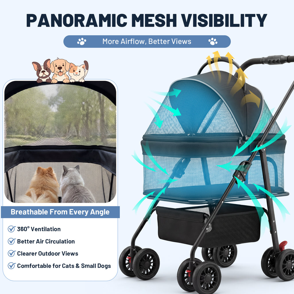 Ferhtm Dog Stroller for Small to Medium Dogs, Foldable Panoramic Mesh Pet Stroller with Detachable Carrier & Safety Tether, Puppy & Cat Stroller up to 35 lbs, Black