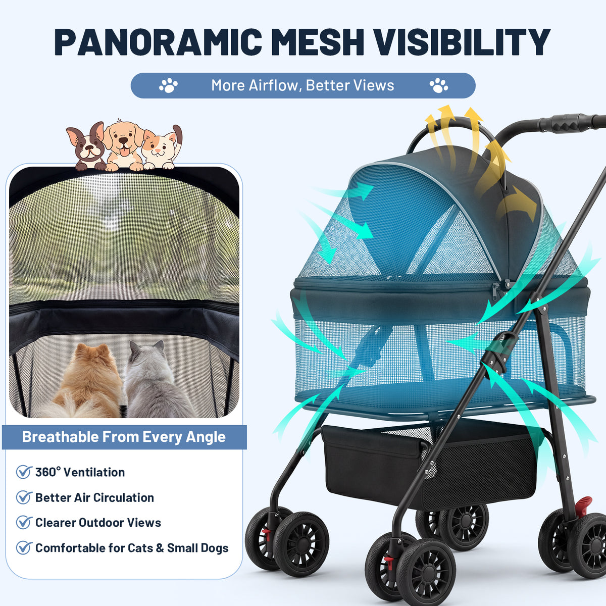 Ferhtm Dog Stroller for Small to Medium Dogs, Foldable Panoramic Mesh Pet Stroller with Detachable Carrier & Safety Tether, Puppy & Cat Stroller up to 35 lbs, Black