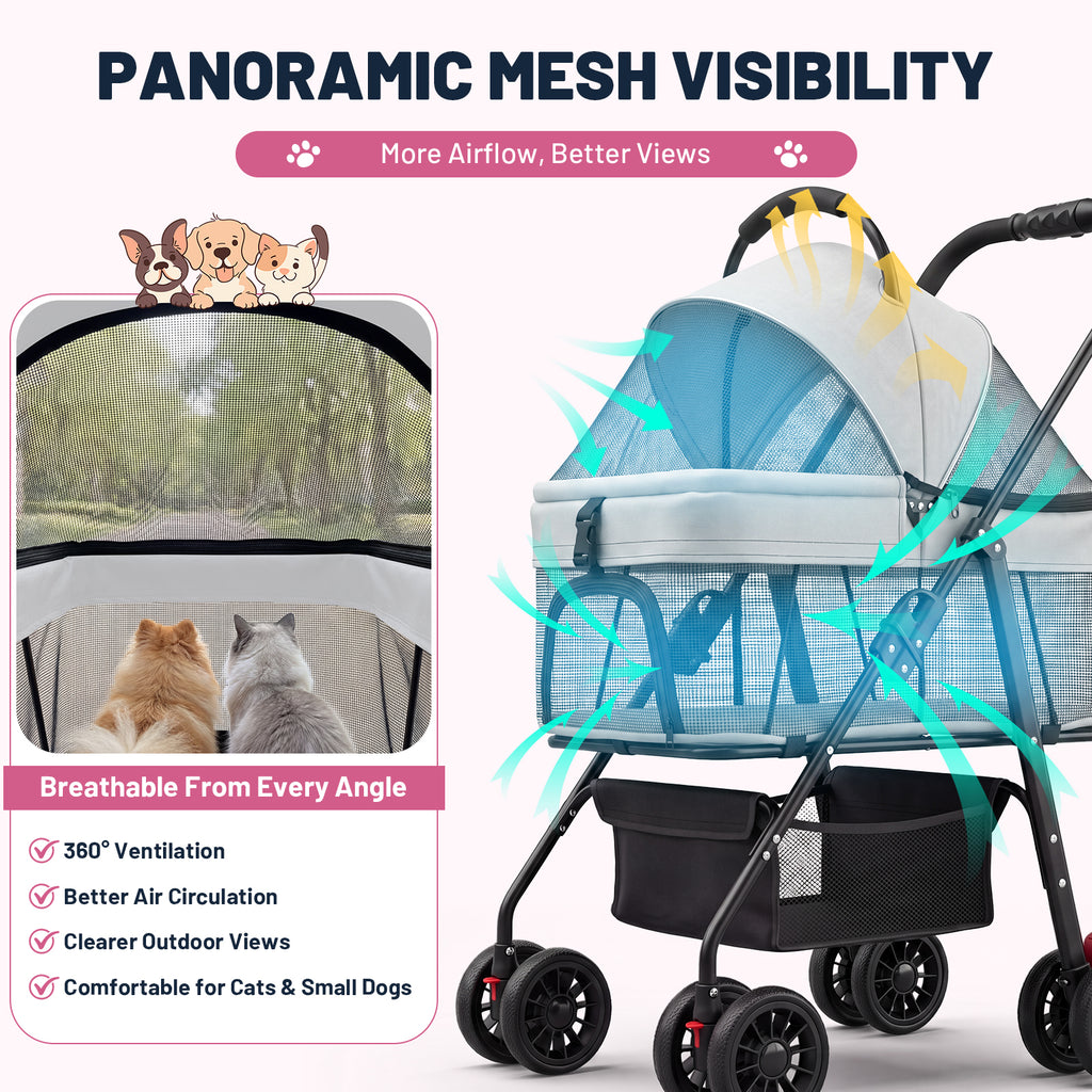 Ferhtm Dog Stroller for Small to Medium Dogs, Foldable Panoramic Mesh Pet Stroller with Detachable Carrier & Safety Tether, Puppy & Cat Stroller up to 35 lbs
