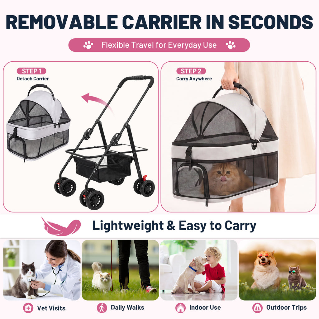 Ferhtm Dog Stroller for Small to Medium Dogs, Foldable Panoramic Mesh Pet Stroller with Detachable Carrier & Safety Tether, Puppy & Cat Stroller up to 35 lbs